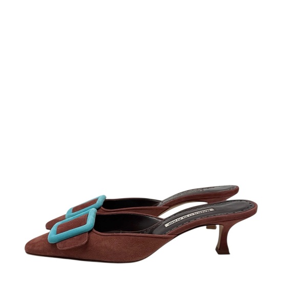 Manolo Blahnik Maysalebi 70MM Buckled Cinnamon Brown Suede Mules Size 37.5 - Picture 6 of 9